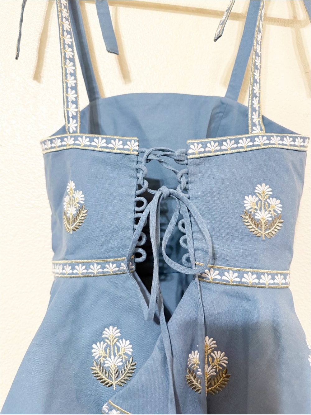 Rosewaterhouse Mina Linen Embroidered Peplum Floral Top in Pastel Blue/Ivory NEW - Picture 12 of 14